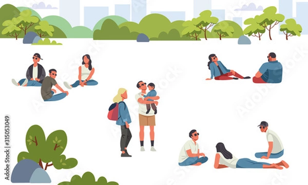Fototapeta Various people at park performing leisure outdoor activities isolated on white background. Cartoon colorful vector illustration