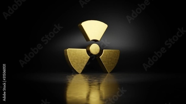Obraz gold metal symbol of radiation 3D rendering with blurry reflection on floor with dark background
