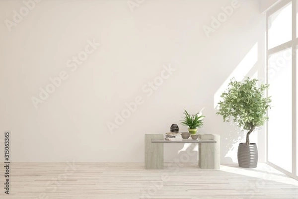 Fototapeta Empty room in white color. Scandinavian interior design. 3D illustration