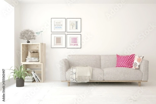 Fototapeta Stylish room in white color with sofa and summer landscape in window. Scandinavian interior design. 3D illustration