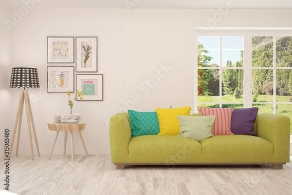 Fototapeta Stylish room in white color with sofa and summer landscape in window. Scandinavian interior design. 3D illustration