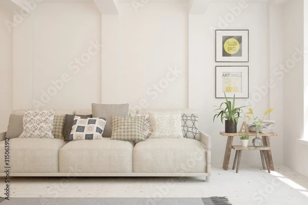 Fototapeta Stylish room in white color with sofa. Scandinavian interior design. 3D illustration