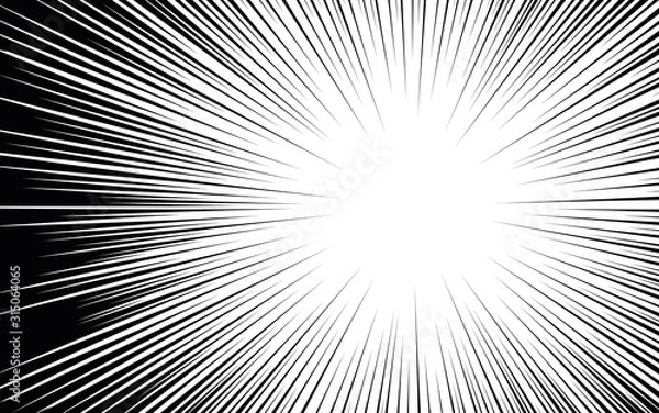 Fototapeta Comic book black and white radial lines background Manga or anime speed texture Superhero action frame Zoom effect Pop art gradient design Explosion vector illustration