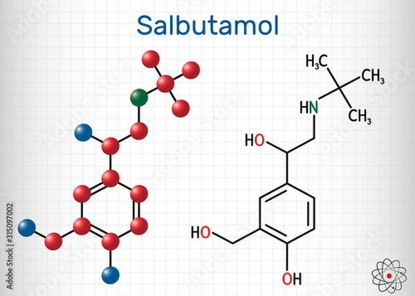 Fototapeta Salbutamol, albuterol molecule. It is a short-acting agonist used in the treatment of asthma and COPD. Structural chemical formula and molecule model. Sheet of paper in a cage.