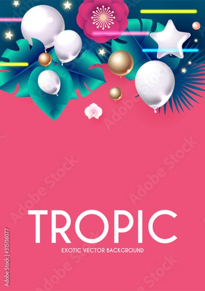 Fototapeta Tropic Summer. Exotic design with palm leaves, orchids and foil balloons