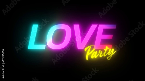 Fototapeta Happy Valentines Day Party Neon sign. neon text Love party color sign on black background. Design element for Happy Valentine's Day greeting card or event concept.