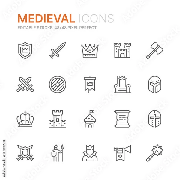 Obraz Collection of medieval related line icons. 48x48 Pixel Perfect. Editable stroke
