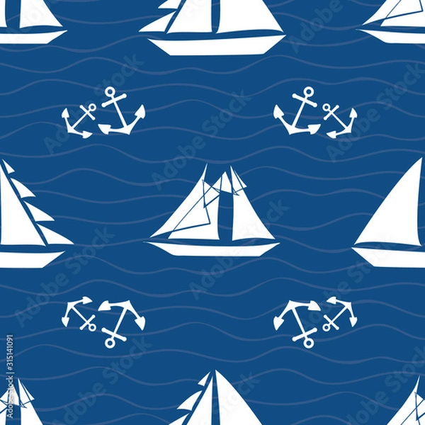 Fototapeta Vector hand drawn white sailing boats and sets of anchors. Seamless geometric pattern on navy blue background. Great for nautical themed products, sport, vacation, stationery, packaging, graphic use