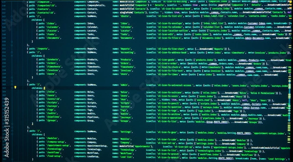 Fototapeta Lines of java coding on computer screen. Vue routes, java routes, vue js routes. Source code