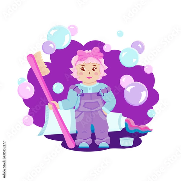 Fototapeta Illustration on the topic of dental care for their health. Cartoon girl with a toothbrush in her hands and an open tube of toothpaste. 