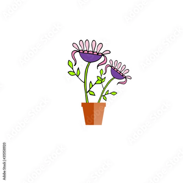 Fototapeta Icon purple pink flowers in brown pot object isolated flat design stock vector illustration for web, for print