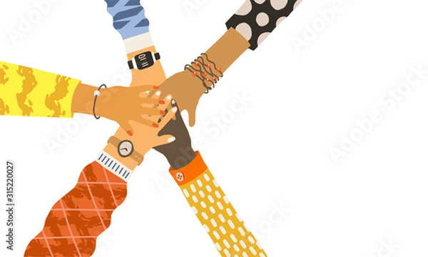 Fototapeta Holding of diverse group hands circle of people putting together.  Cooperation, unity, togetherness, partnership, agreement, teamwork social community concept. Cartoon illustration landing page design