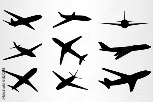 Fototapeta Set of nine stylized silhouettes of flying planes. Set for travel needs.