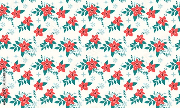 Fototapeta Unique Style of Christmas floral pattern background, with elegant leaf and red flower decor.