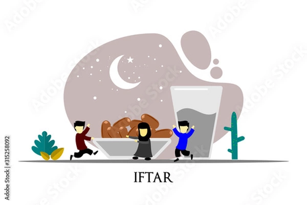 Fototapeta happy ramadan mubarak greeting illustration with cartoon character for poster, web landing page template, banner, presentation, social, and print media. islamic eid fitr or adha flat design vector.