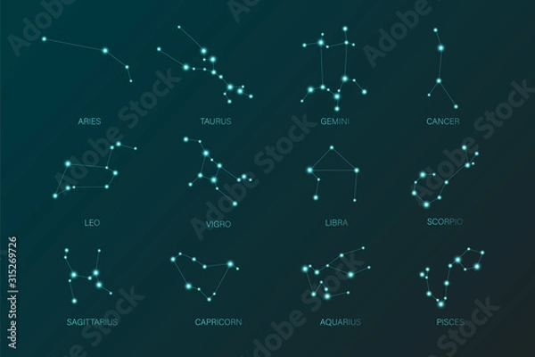Obraz Zodiac Design. Horoscope set: Leo, Virgo, Scorpio, Libra, Aquarius, Sagitarius, Pisces, Capricorn, Taurus, Aries, Gemini, Cancer. Vector illustration