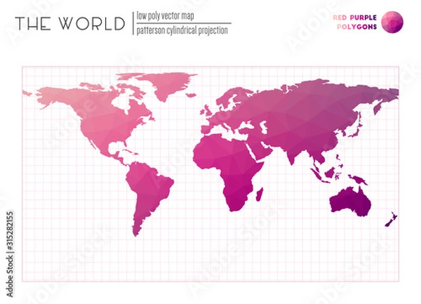 Fototapeta Abstract geometric world map. Patterson cylindrical projection of the world. Red-purple colored polygons. Stylish vector illustration.