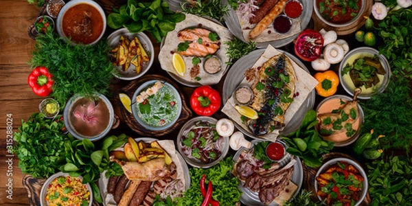 Fototapeta Do tradycyjnej kontroli jakości Goorgin. Mateju Okroshak, Khash Chikhiratam Harcho Soup, Dolma Chanakhi Chakshululi Chakmaruli Kupati