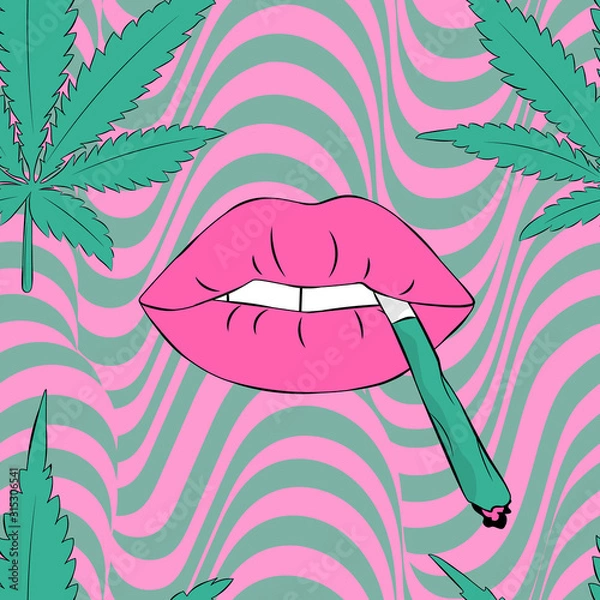 Obraz Vector pattern with cannabis and lips