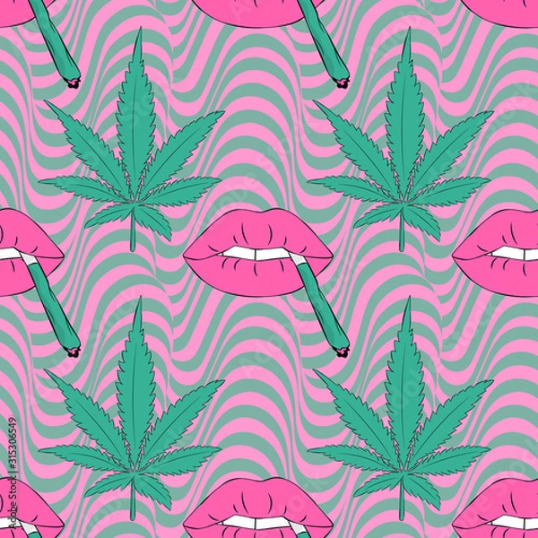 Obraz Vector pattern with cannabis and lips