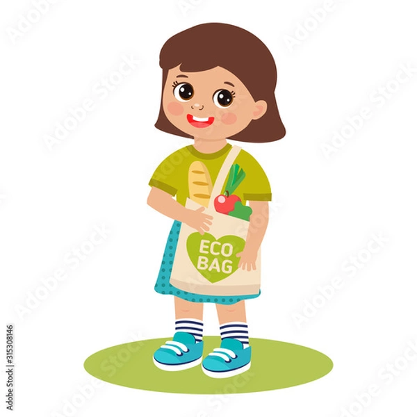 Fototapeta Funny little girl with reusable cotton bag vector illustration. Eco friendly lifestyle concept. Eco-friendly character. Save the planet. Vector template, flat design, zero waste.
