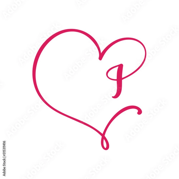 Fototapeta Vector Vintage floral monogram letter I. Calligraphy element logo Valentine flourish frame. Hand drawn heart sign for page decoration and design illustration. Love wedding card or invitation