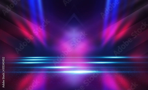 Fototapeta Empty dark abstract background. Background of empty show scene. Glow of neon lights on an empty concert venue. Reflection of light on the pavement.