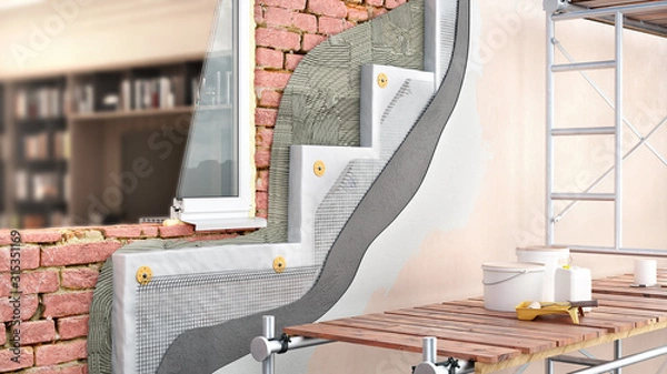 Fototapeta Exterior brickwall thermal insulation with scaffolding and interior view through window, 3d illustration