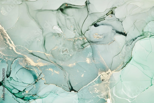 Obraz abstrakcyjna kompozycja w odcieniach zieleni, turkusu i bieli, z delikatnymi akcentami złota