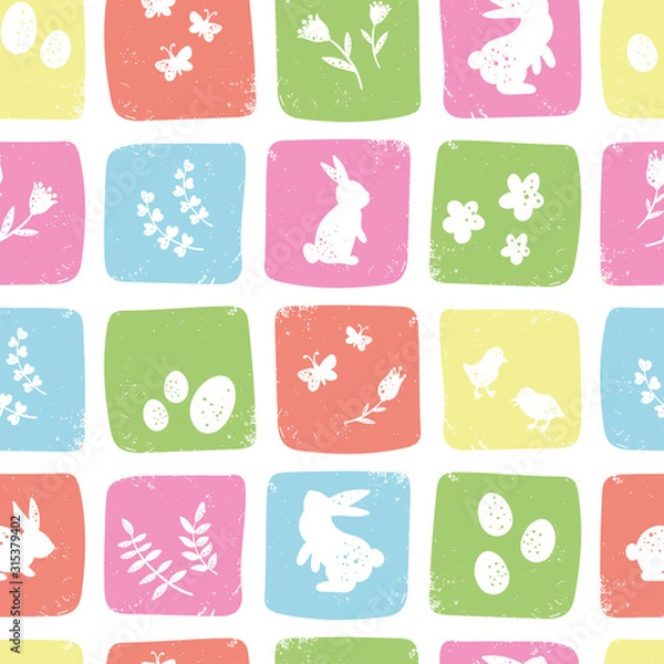 Fototapeta Cute hand drawn easter seamless pattern, colorful spring background with bunnies, easter eggs, flowers, butterflies - great for textiles, banners, wallpapers, cards and wrapping - vector design