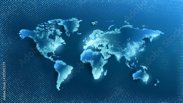 Fototapeta Wektor. Mapa na niebieskim tle. Planeta Ziemia z kosmosu. Migoczące światła miast i megamiast. Globalny system komunikacji i sieć WWW. Technologie i komunikacja. Przyszłość.