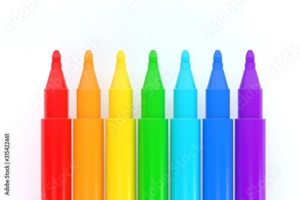 Obraz Set of colorful markers arranged in a rainbow gradient from red to purple on a white background. Bright and vibrant stationery concept for art, education, or creative design projects