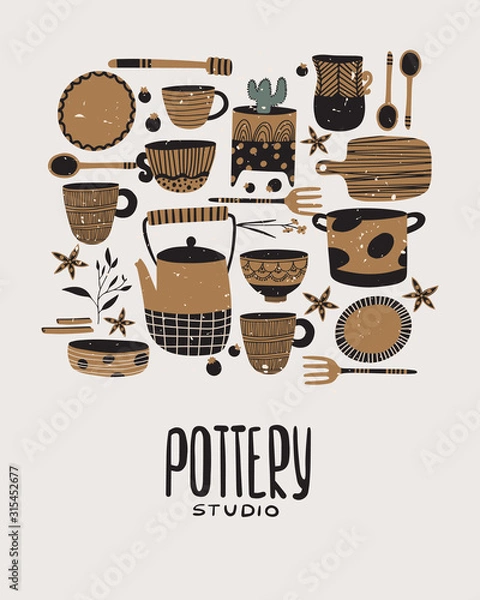 Fototapeta Hand made pottery vector illustration for home and restaurant. Ceramics or pottery lessons banner to promote your studio. Authentic kitchen cookware and utencils. Isolated porcelain, earthenware.