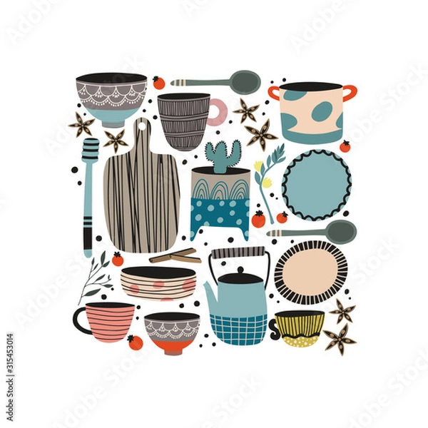 Fototapeta Hand made pottery vector illustration for home and restaurant. Ceramics or pottery lessons banner to promote studio. Authentic kitchen cookware and utencils. Isolated porcelain, crockery, earthenware.