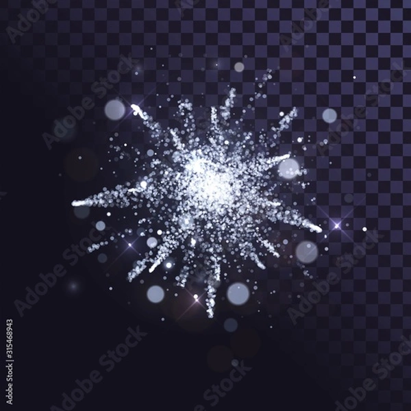 Fototapeta Silver fireworks with sparks on a transparent background, explosion of white shiny dust or snow