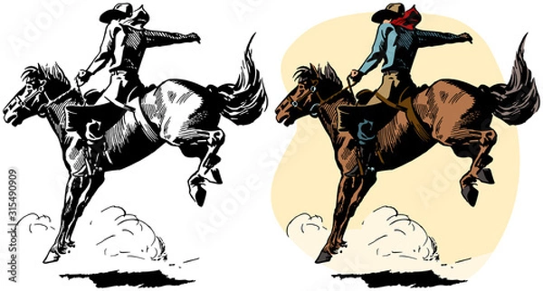 Obraz A cowboy rides a bucking bronco in a rodeo performance.