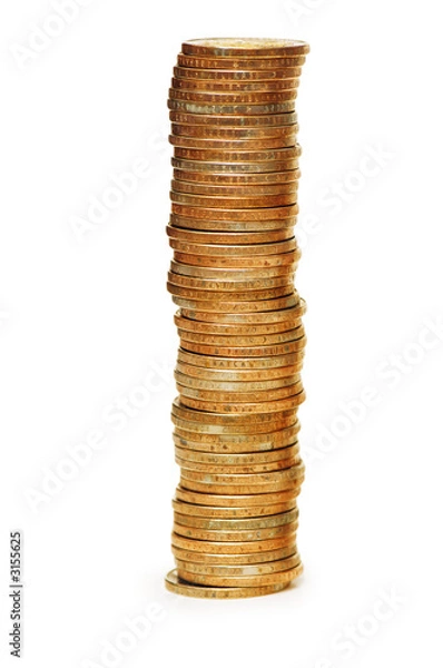 Fototapeta high stack of coins isolated on white