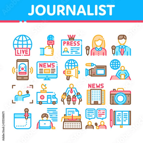Fototapeta Journalist Reporter Collection Icons Set Vector Thin Line. Journalist And Hand With Microphone, Video And Photo Camera, Press And Live News Concept Linear Pictograms. Color Contour Illustrations