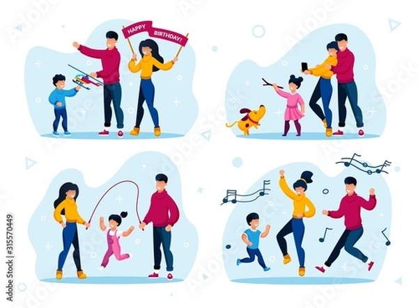 Fototapeta Preschooler Children Active Life, Happy Parenthood Trendy Flat Vector Concepts Set. Parents with Child Celebrating Birthday, Making Memorable Photos, Launching Kite, Dancing Together Illustrations