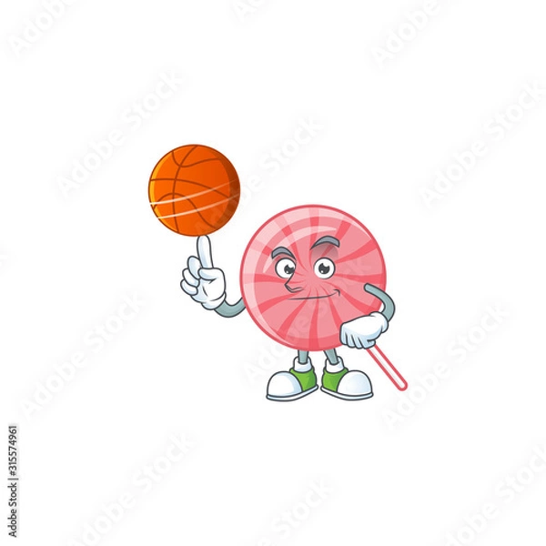 Fototapeta a Healthy pink round lollipop cartoon character playing basketball