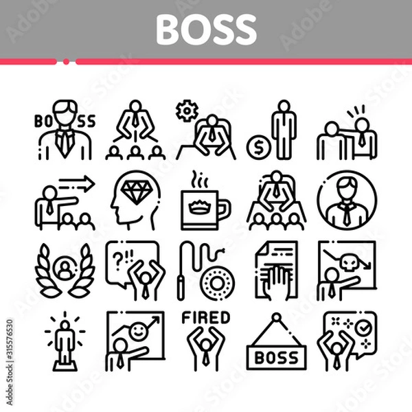 Obraz Boss Leader Company Collection Icons Set Vector Thin Line. Boss On Tablet And Cup With Crown, Meeting And Presentation, Fired And Document Concept Linear Pictograms. Monochrome Contour Illustrations