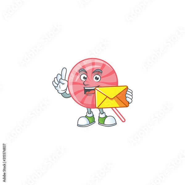 Fototapeta Cheerfully pink round lollipop mascot design with envelope