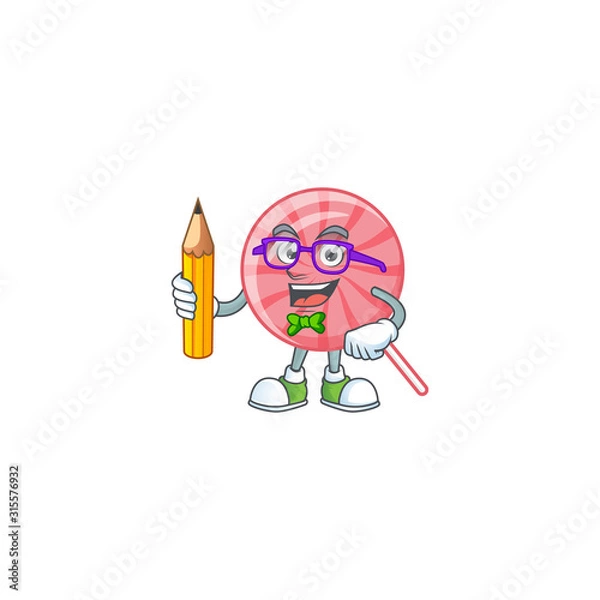 Fototapeta A picture of Student pink round lollipop character holding pencil