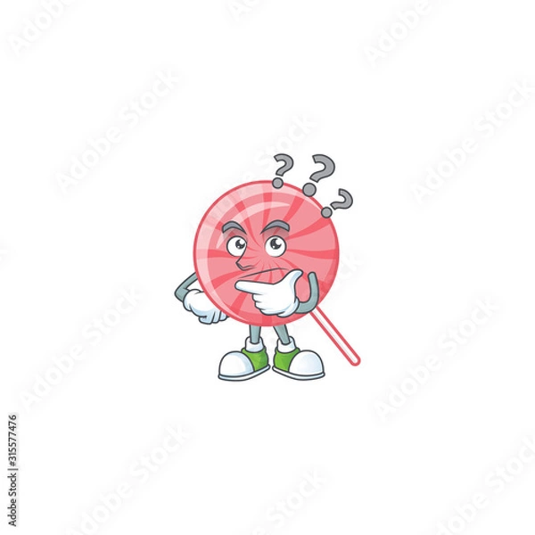 Fototapeta Pink round lollipop cartoon mascot style with confuse gesture