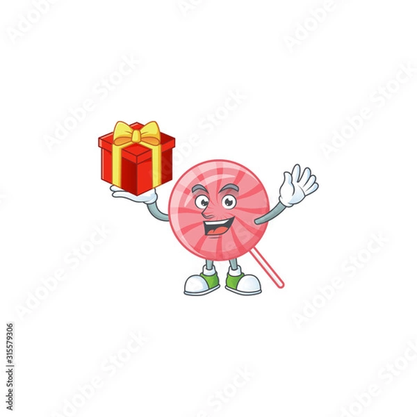 Fototapeta Happy face pink round lollipop cartoon character having a box of gift
