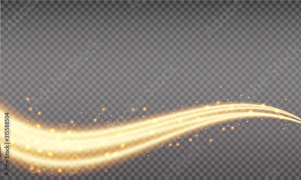 Obraz Golden swoosh, magic wave. Gold trail isolated on transparent background. Luminescent waved trail with bright bokeh and sparkles. Swoosh with stradust.