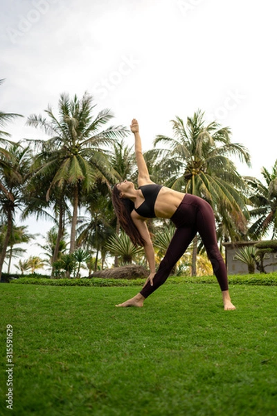 Obraz  A girl practicing yoga on a beautiful tropical grass field surrounded by palm trees