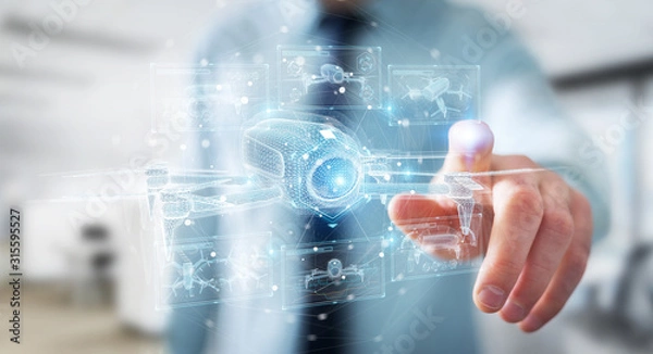 Fototapeta Biznesmen gospodarstwa i dotykania projekcji holograficzny drone w jego rękach renderowania 3D