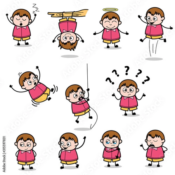 Fototapeta Poses of Cute Cartoon Fat Boy - Set of Concepts Vector illustrations