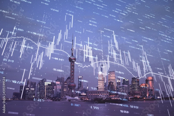 Fototapeta Forex chart on cityscape with tall buildings background multi exposure. Financial research concept.